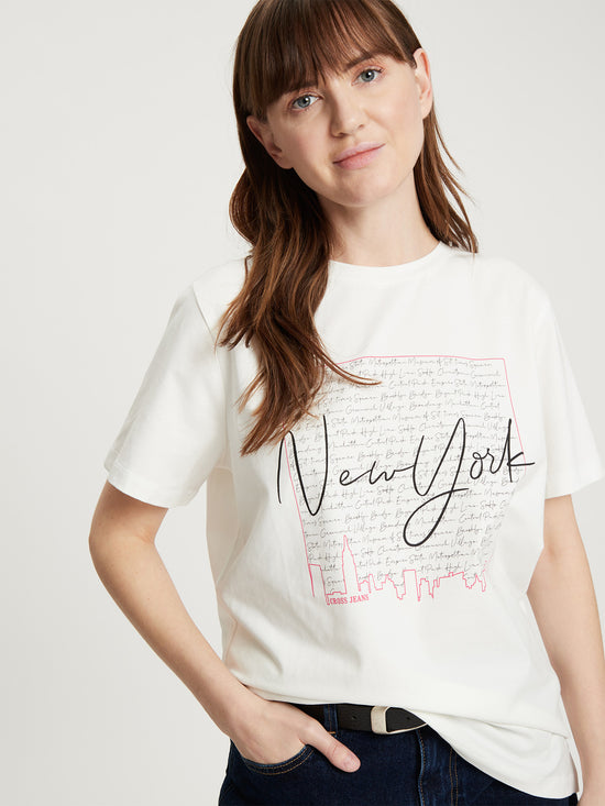 Damen Regular T-Shirt mit New York-Print ecru