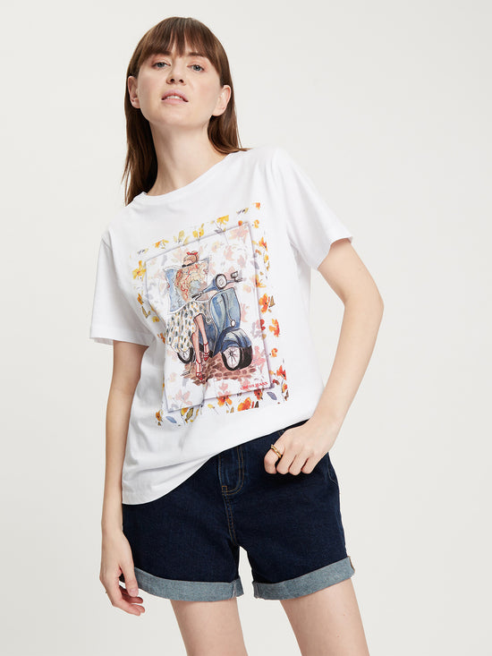 Damen Regular T-Shirt mit großem Front-Print weiß