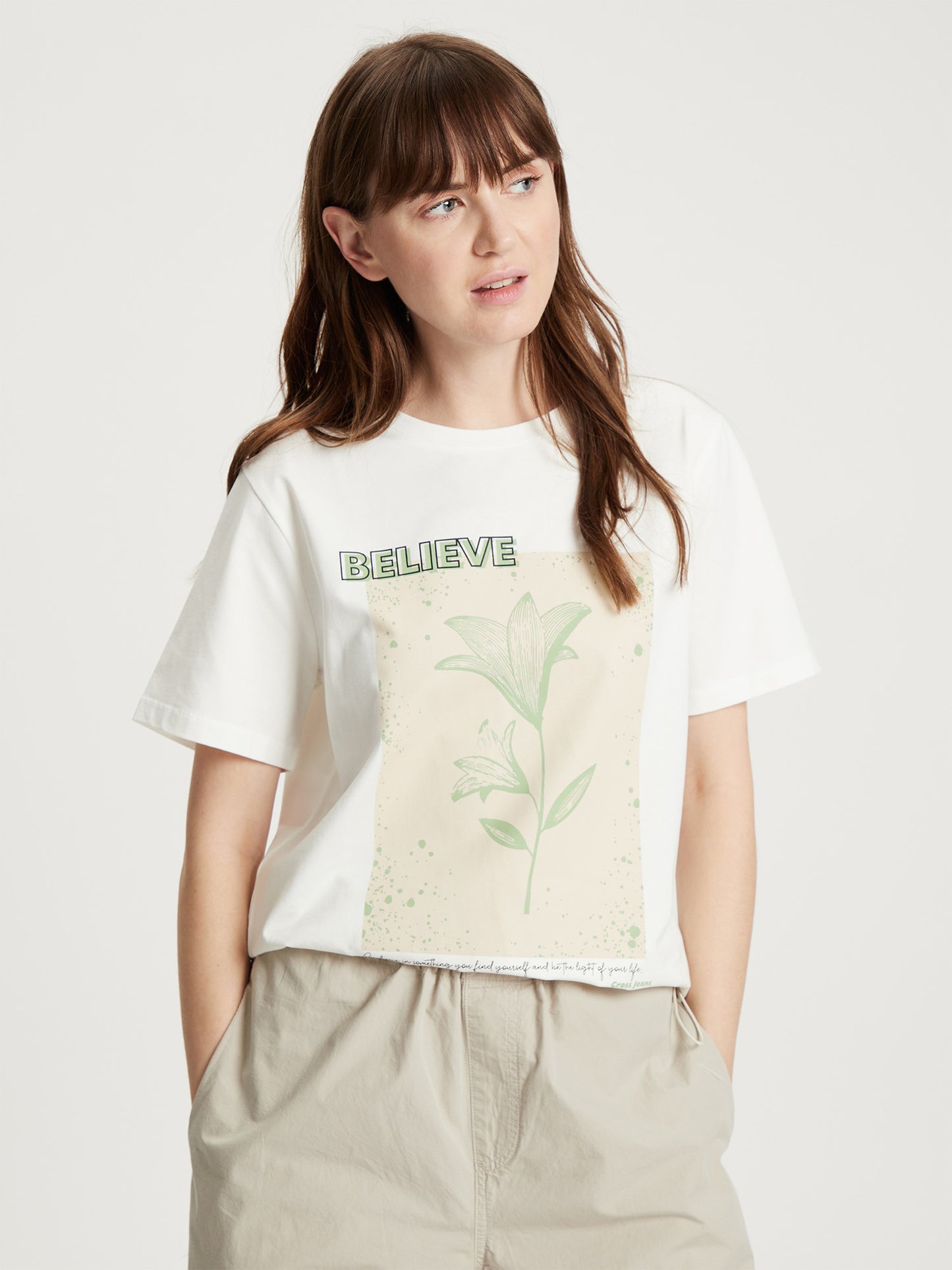 Damen Regular T-Shirt mit Print ecru
