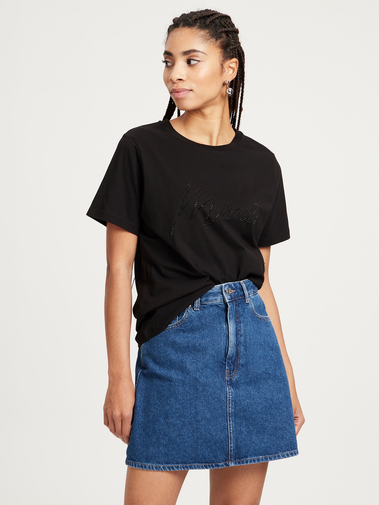 Damen Regular T-Shirt mit Glitzer-Print schwarz.