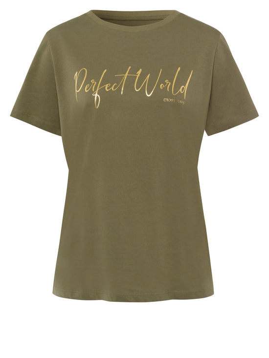 Damen Regular T-Shirt Glitzer-Print khakigrün