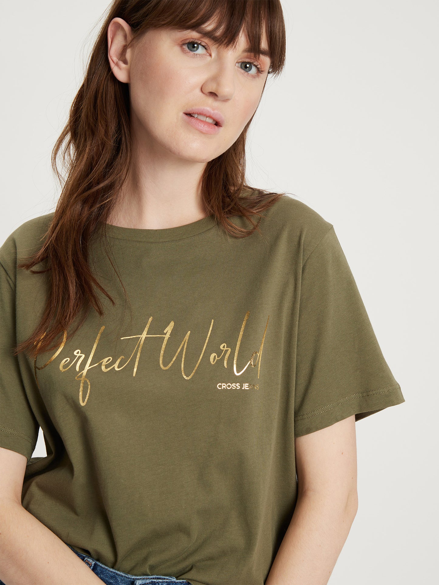 Damen Regular T-Shirt Glitzer-Print khakigrün
