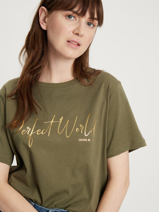Damen Regular T-Shirt Glitzer-Print khakigrün