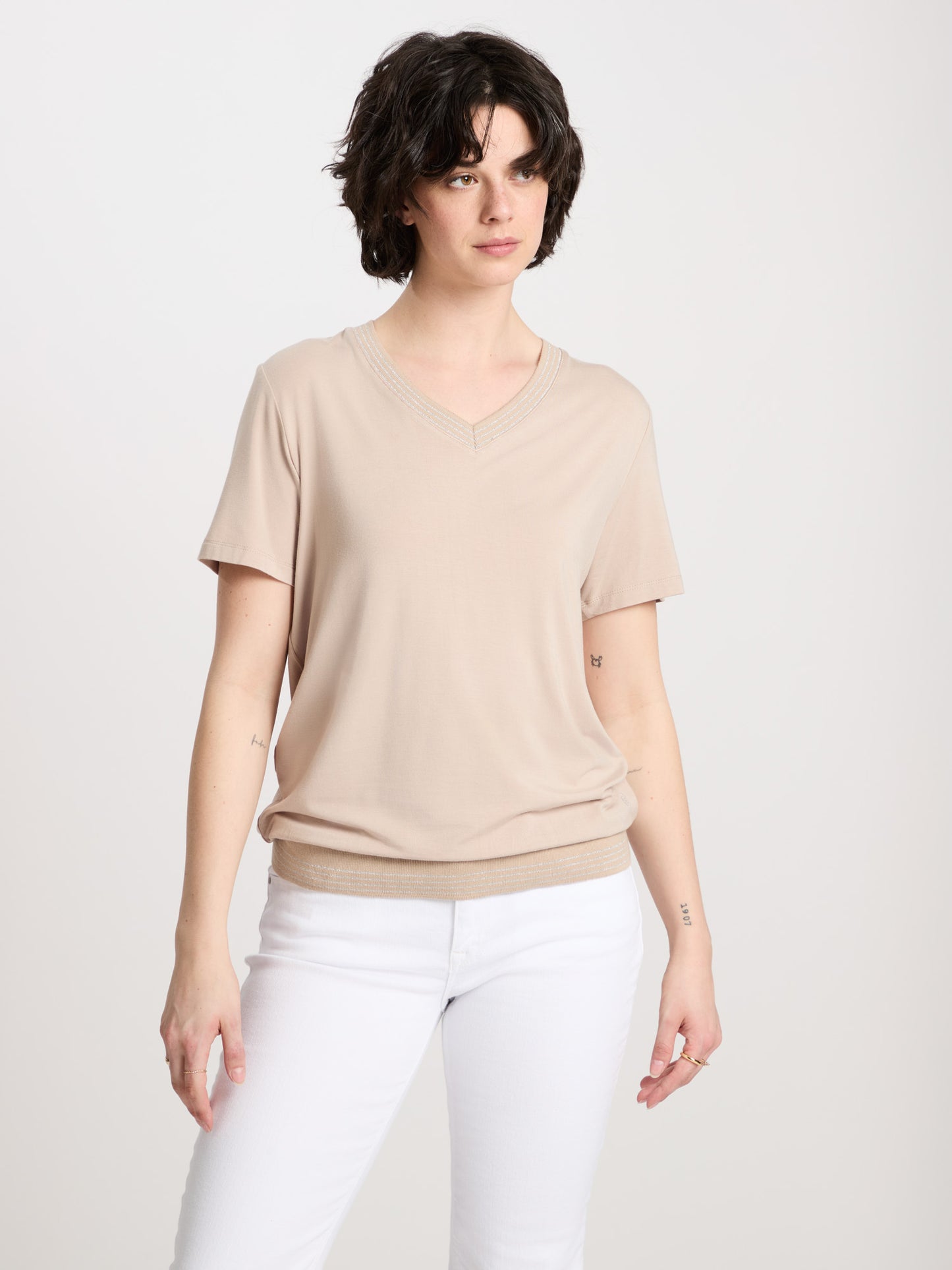 Women's regular V-neck T-shirt in stone colour.