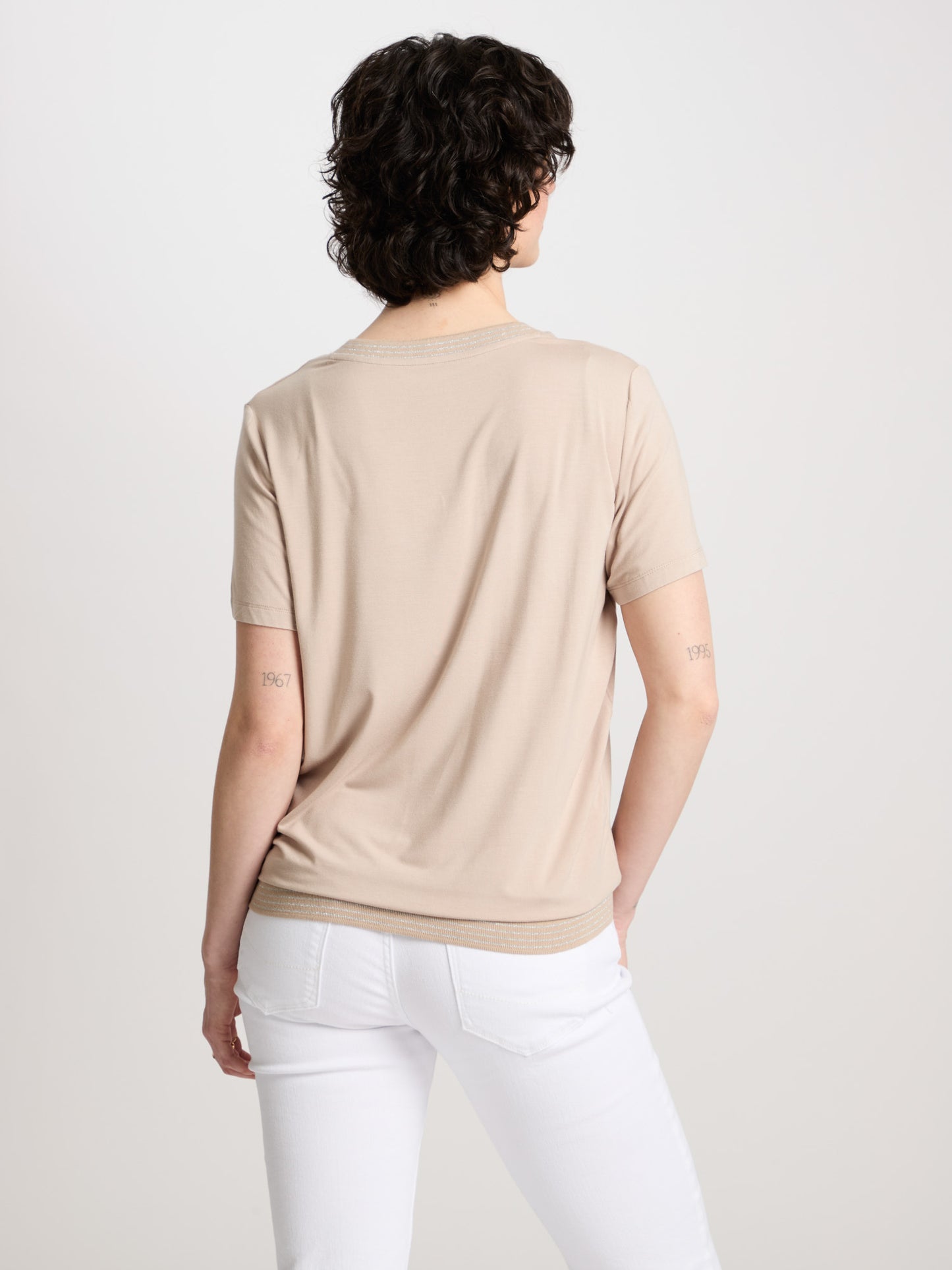 Women's regular V-neck T-shirt in stone colour.