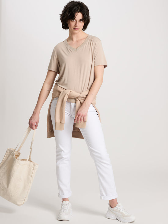 Women's regular V-neck T-shirt in stone colour.