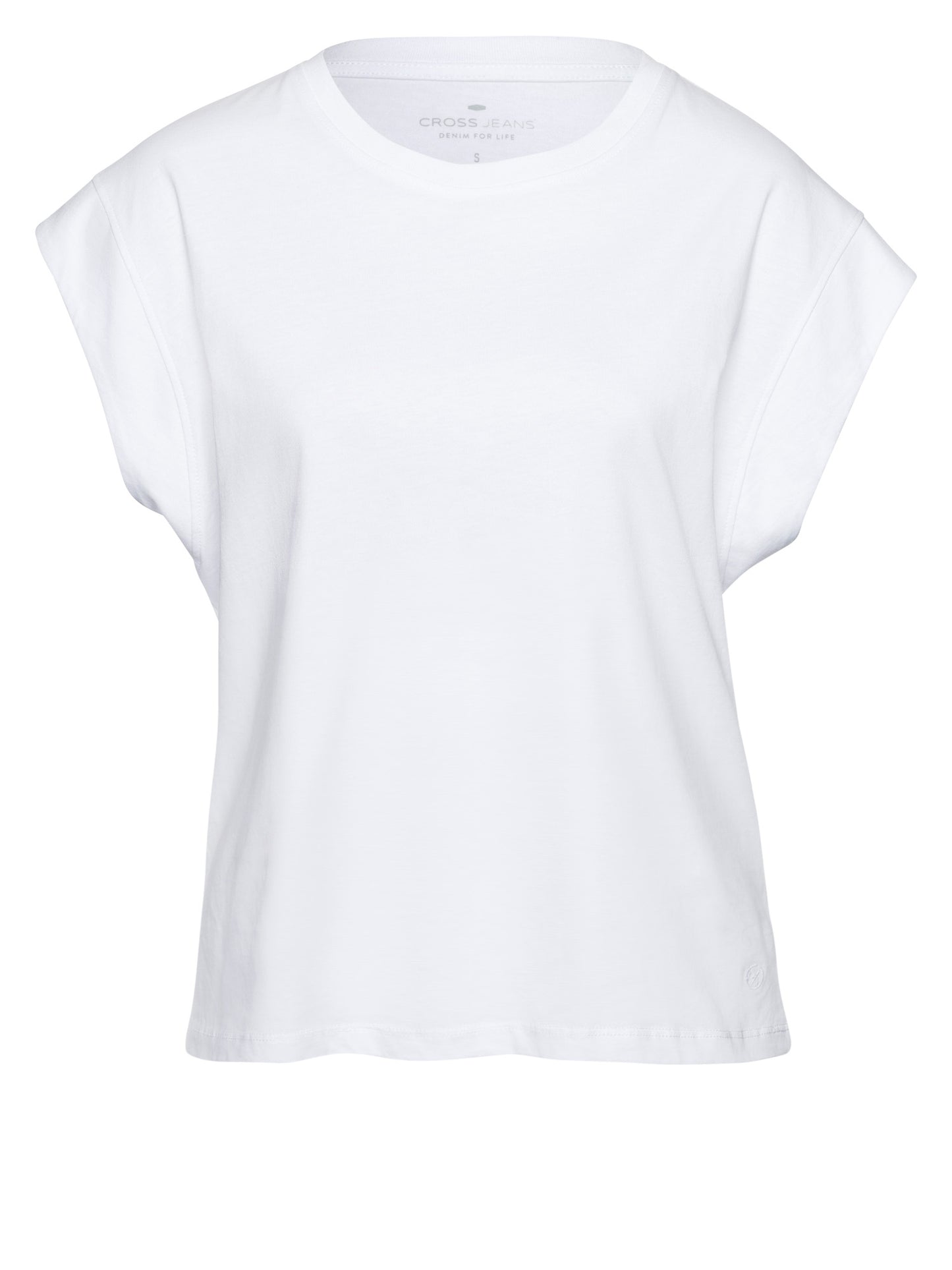 Damen Regular T-Shirt mit überschnittener Schulter weiß.