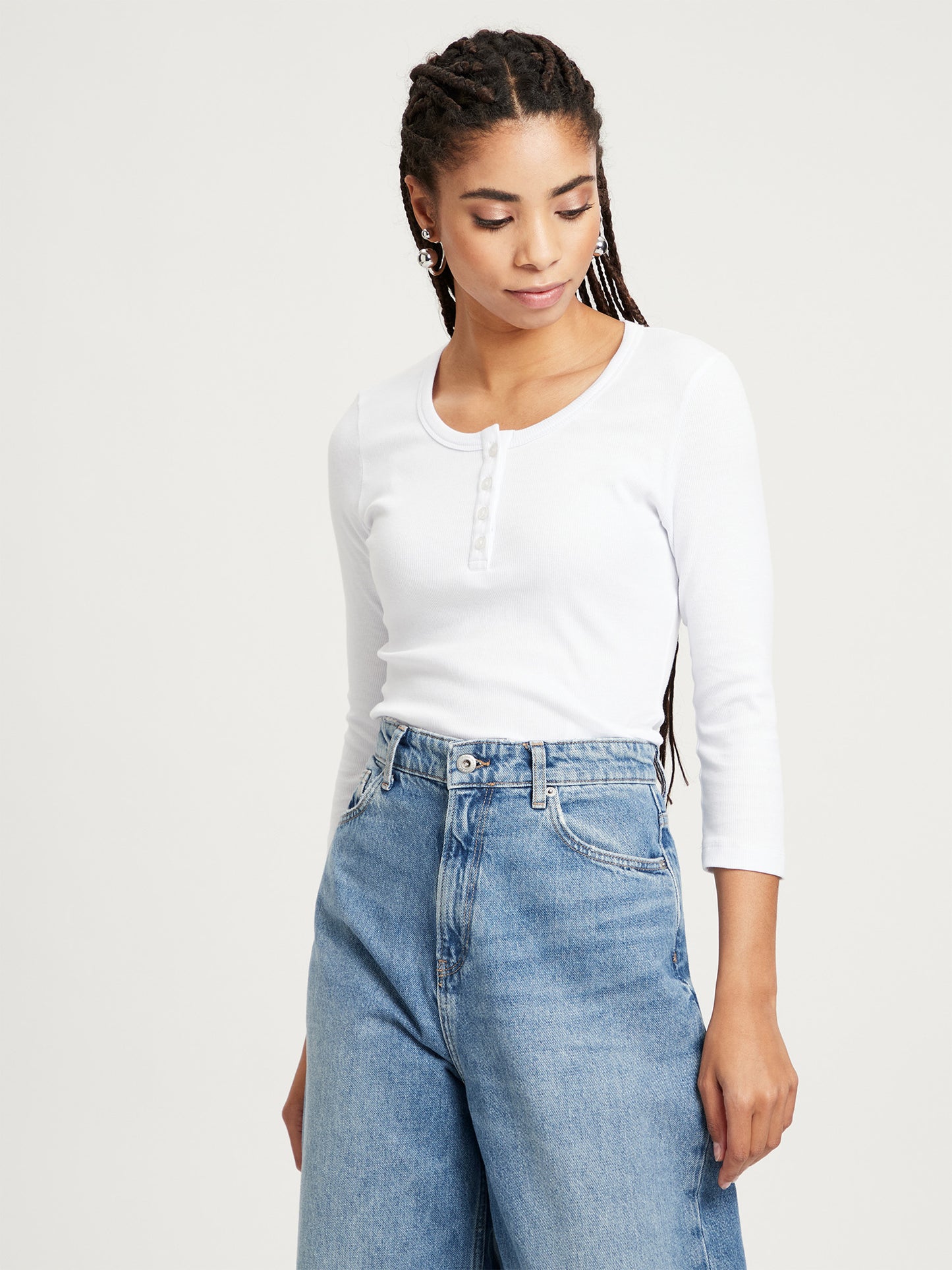 Damen Slim Longsleeve im Henley-Stil weiß
