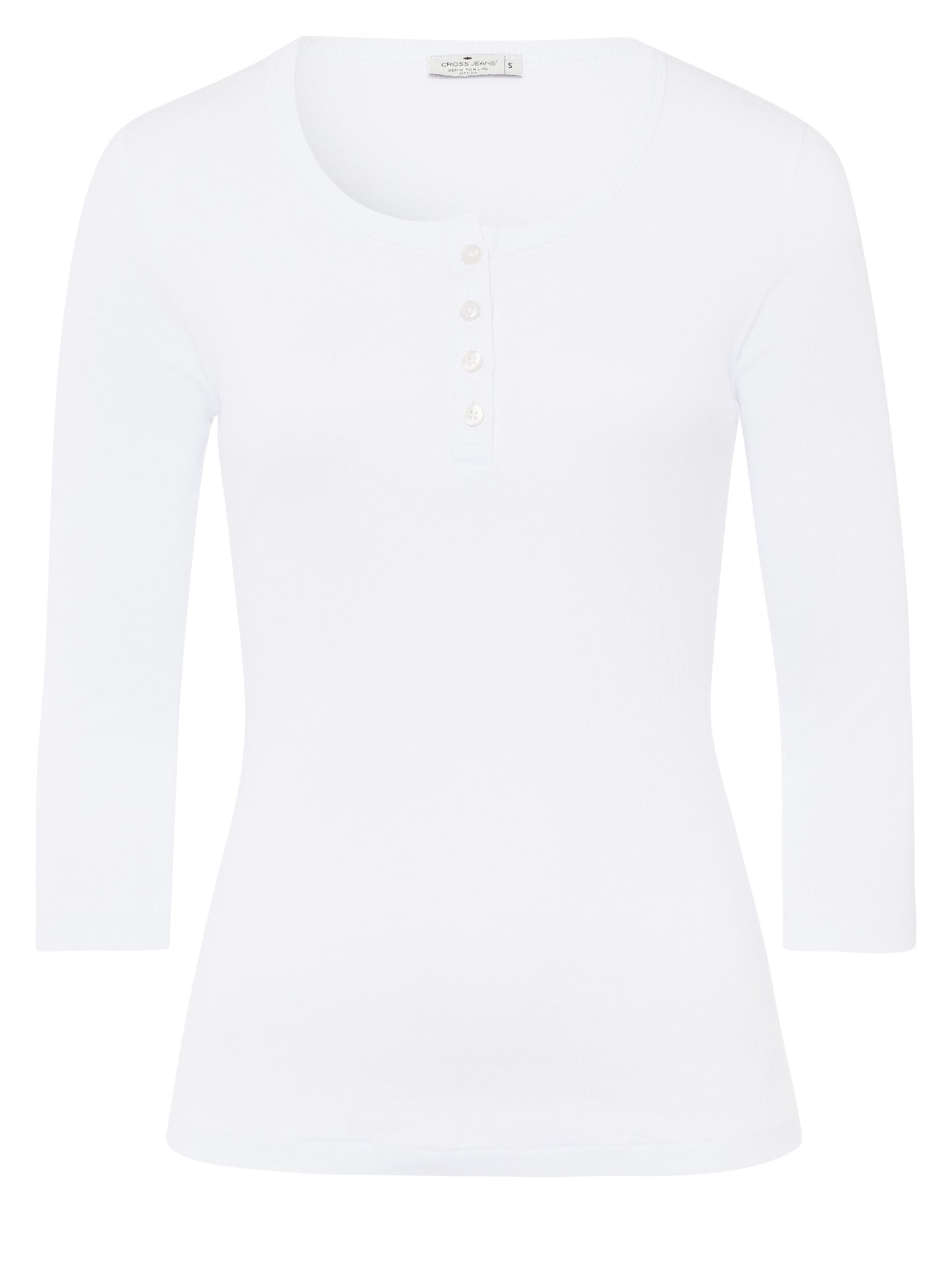 Women's slim long sleeve Henley style ecru.