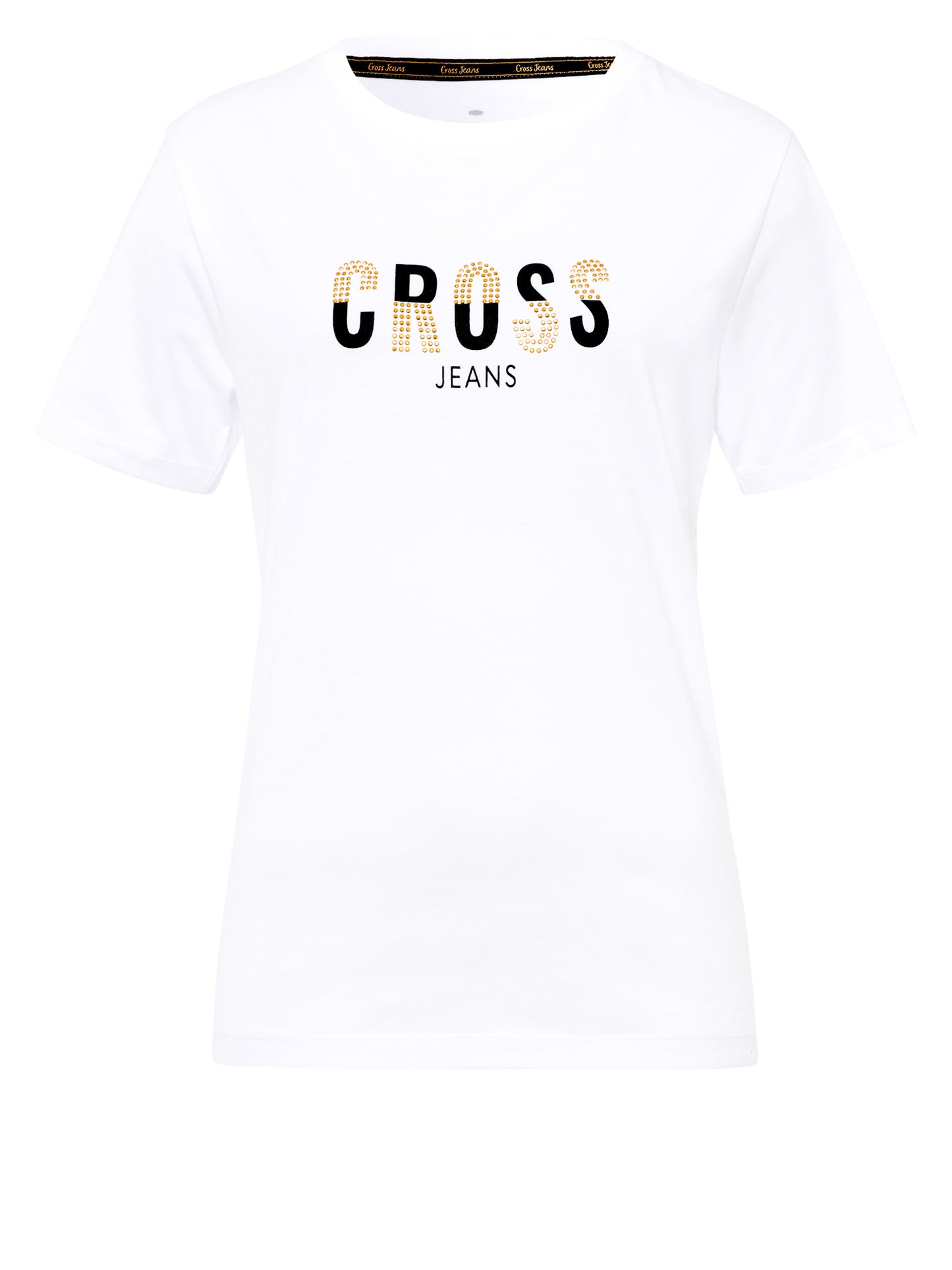 Women's Regular T-Shirt with Label Print and Gemstones white