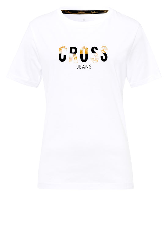 Women's Regular T-Shirt with Label Print and Gemstones white