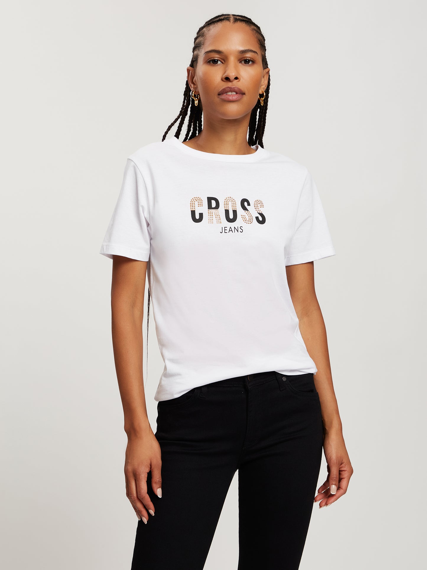 Women's Regular T-Shirt with Label Print and Gemstones white