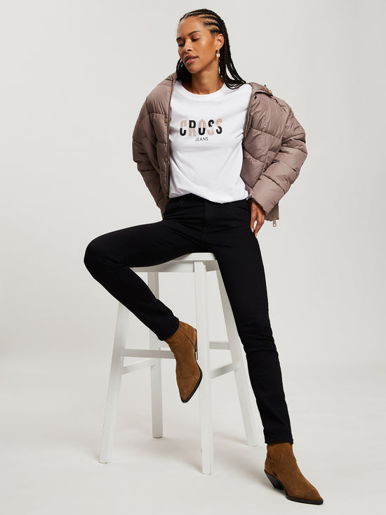 Women's Regular T-Shirt with Label Print and Gemstones white