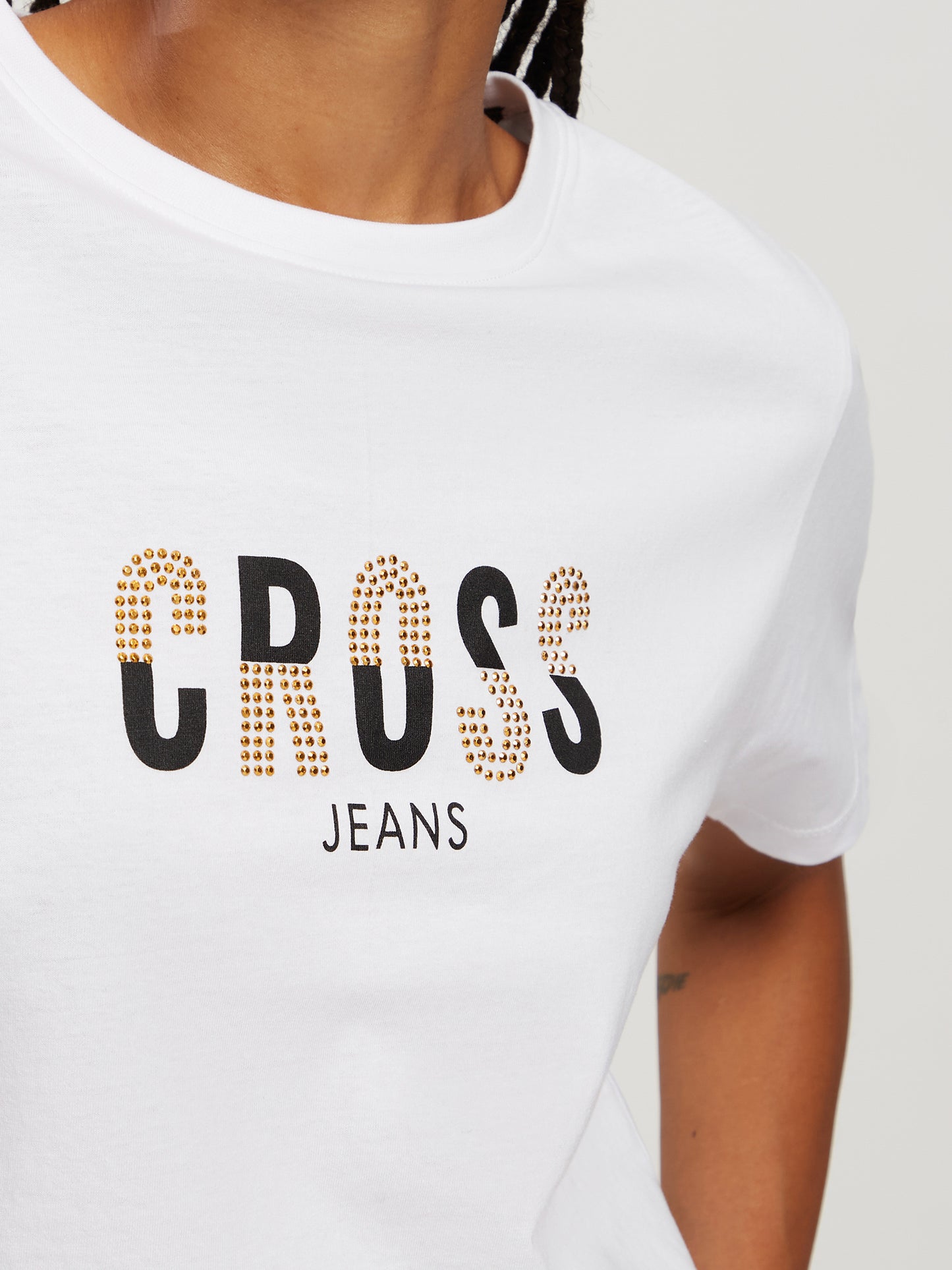 Women's Regular T-Shirt with Label Print and Gemstones white