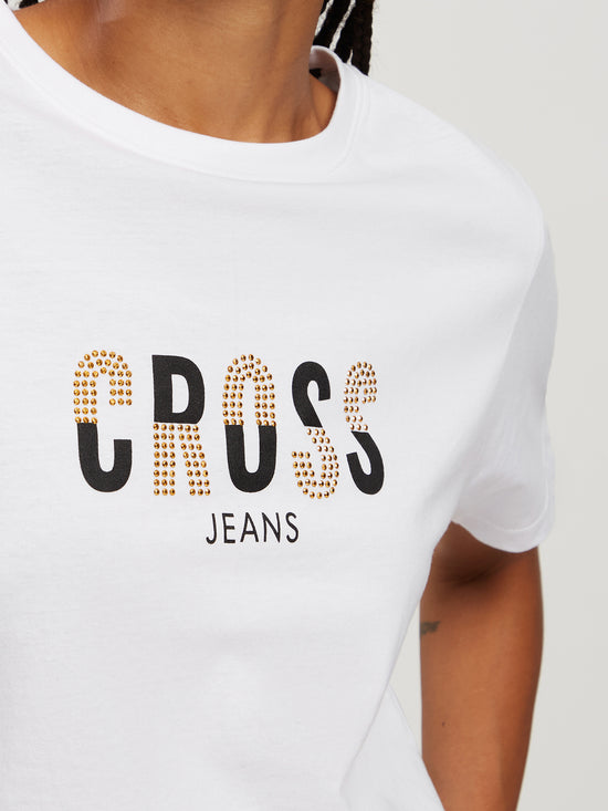 Women's Regular T-Shirt with Label Print and Gemstones white
