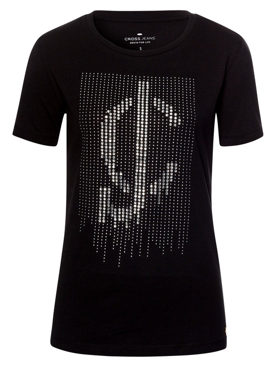 Damen Regular T-Shirt mit Marken-Logo und Schmucksteinen schwarz