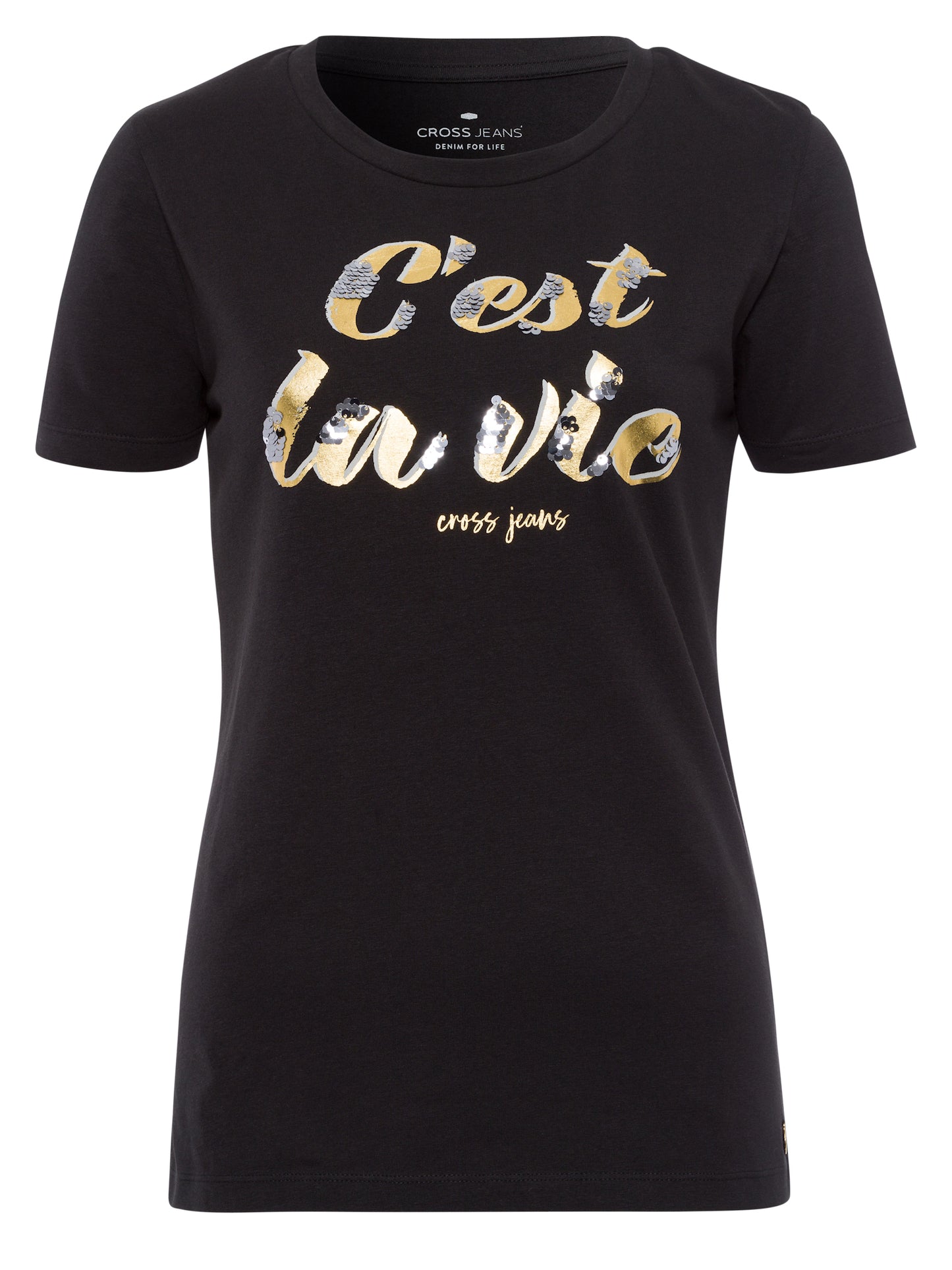 Women's Regular T-Shirt with Message Print and Sequins Black