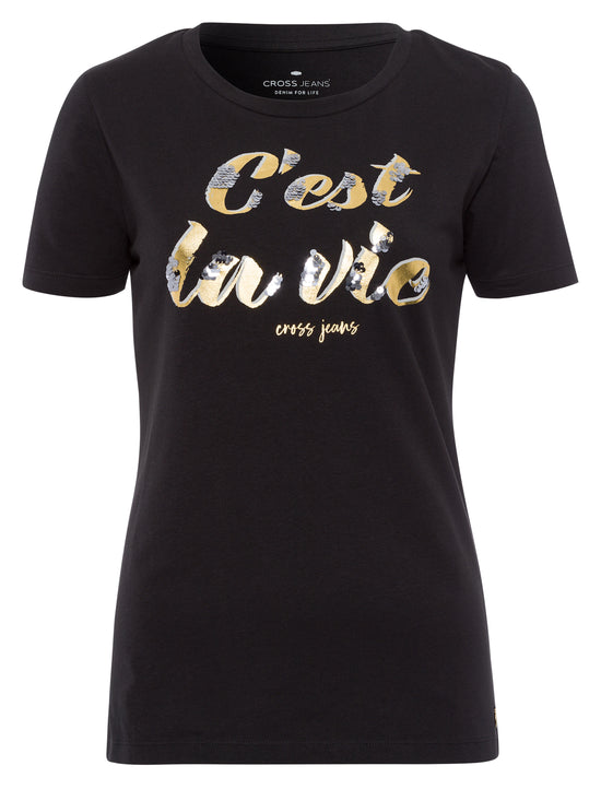 Women's Regular T-Shirt with Message Print and Sequins Black