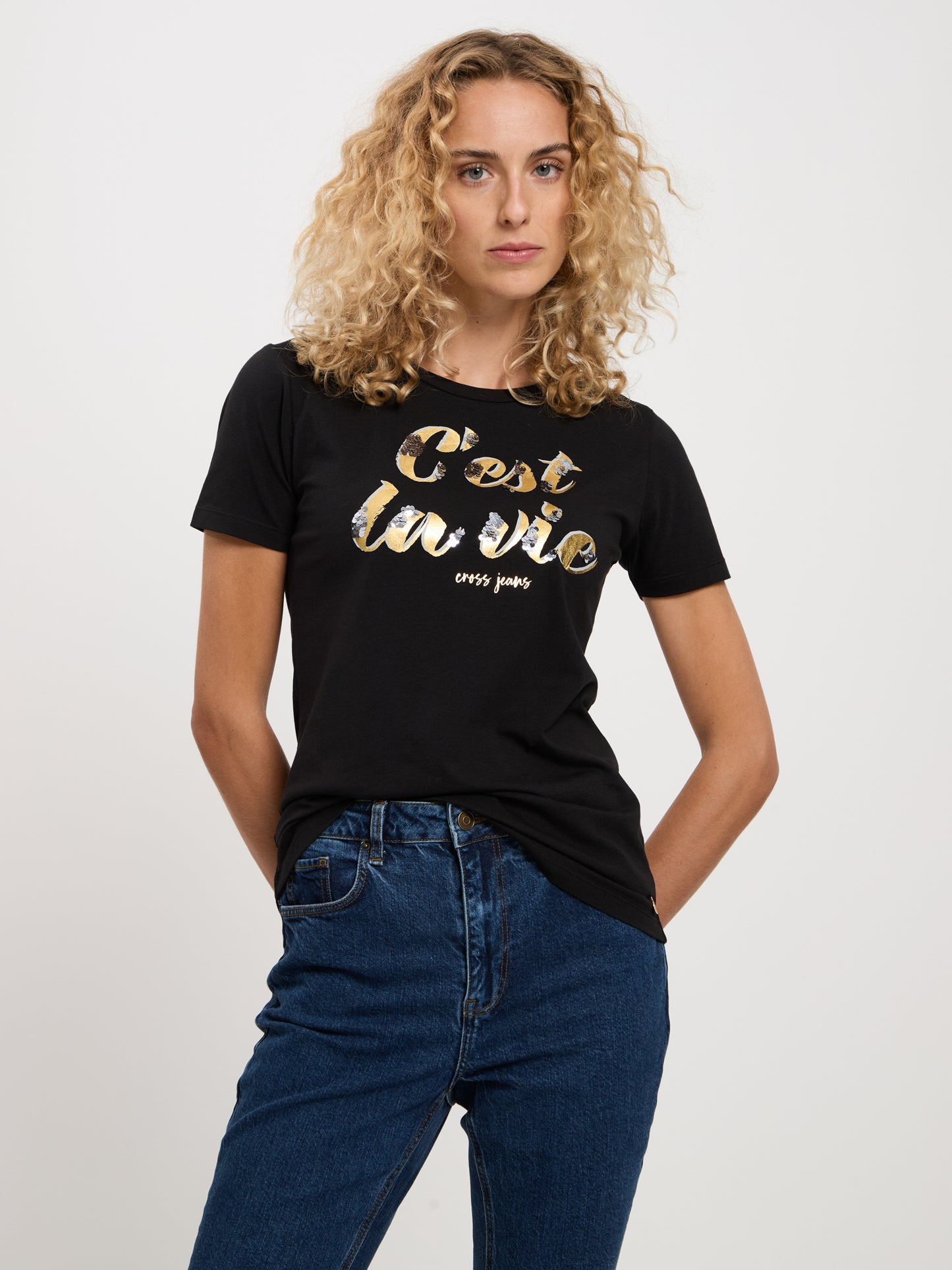 Women's Regular T-Shirt with Message Print and Sequins Black