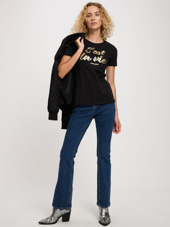 Women's Regular T-Shirt with Message Print and Sequins Black