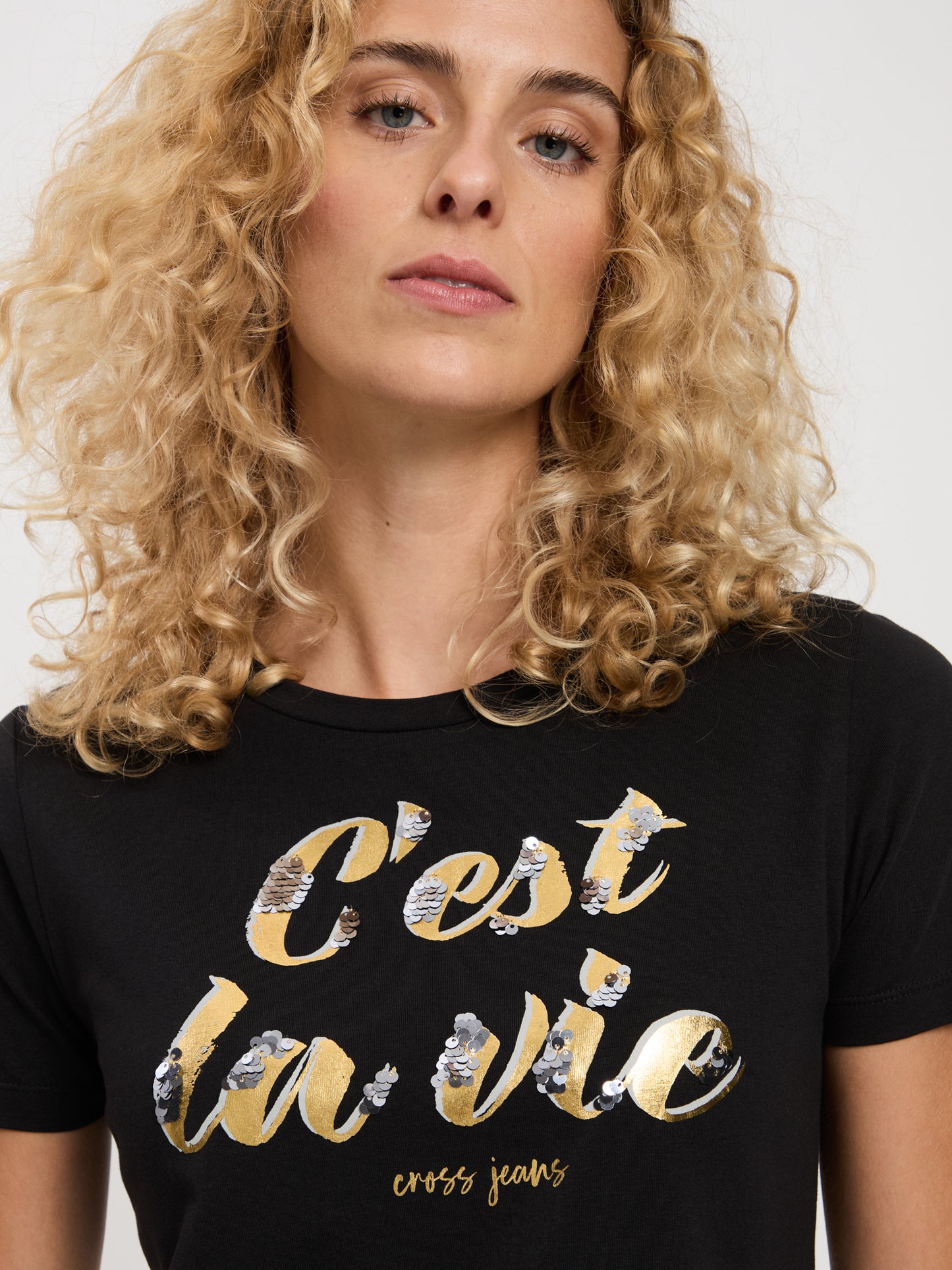 Women's Regular T-Shirt with Message Print and Sequins Black