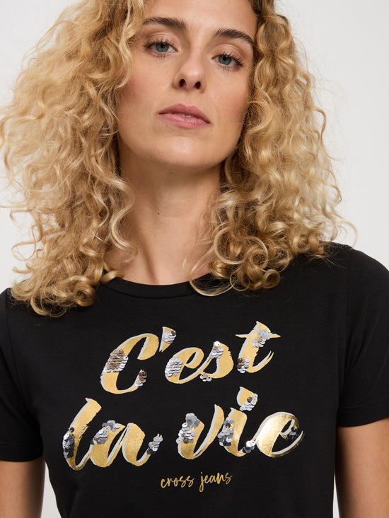 Women's Regular T-Shirt with Message Print and Sequins Black