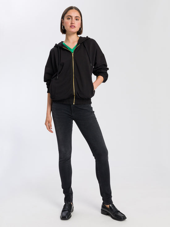 Women's oversize sweat jacket with elastic band, black