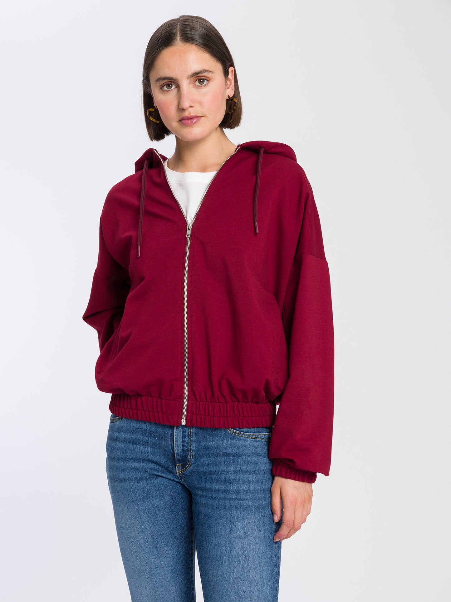 Damen Oversize Sweatjacke mit Gummizug dunkelrot