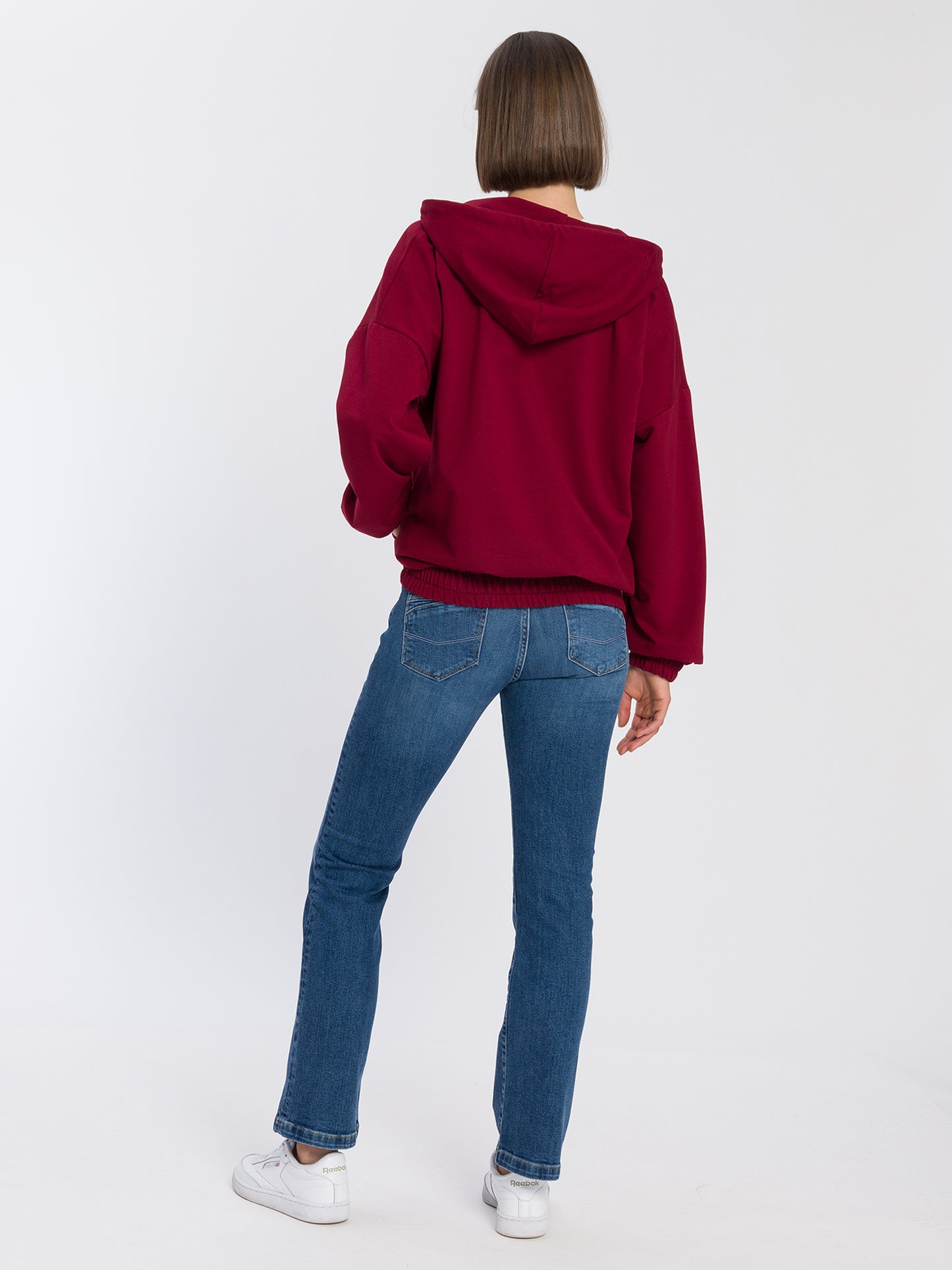 Damen Oversize Sweatjacke mit Gummizug dunkelrot