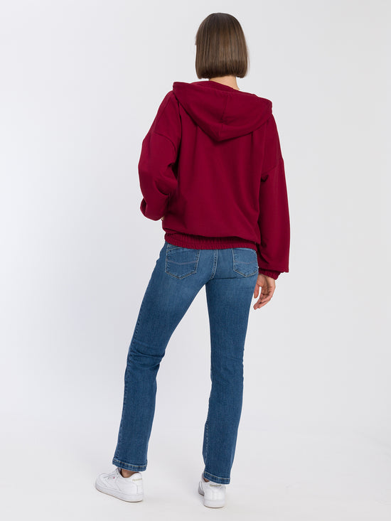 Damen Oversize Sweatjacke mit Gummizug dunkelrot