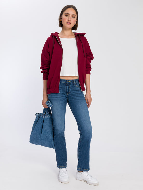 Damen Oversize Sweatjacke mit Gummizug dunkelrot