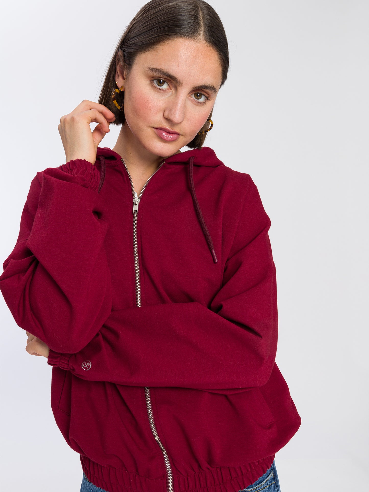 Damen Oversize Sweatjacke mit Gummizug dunkelrot