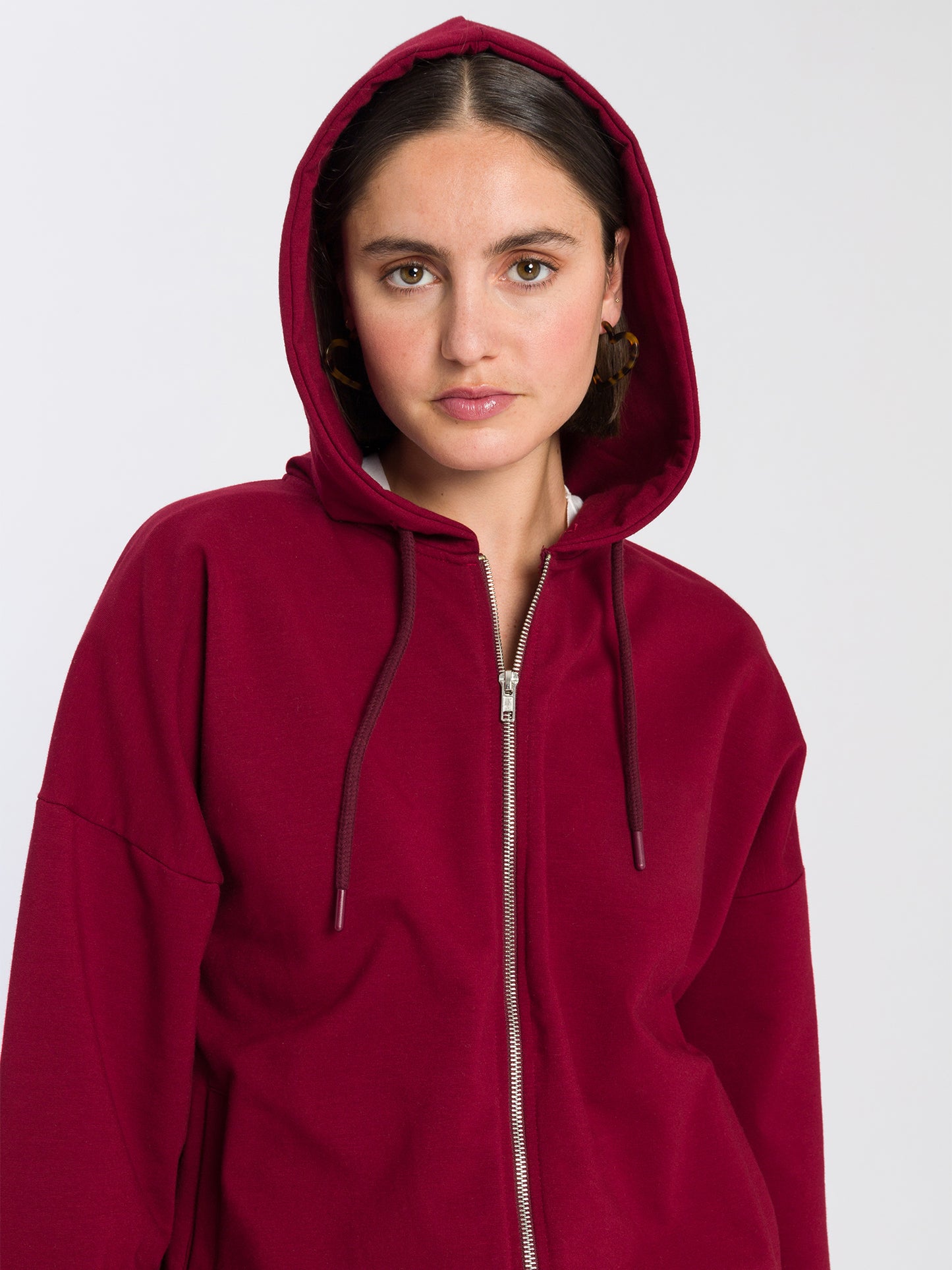 Damen Oversize Sweatjacke mit Gummizug dunkelrot