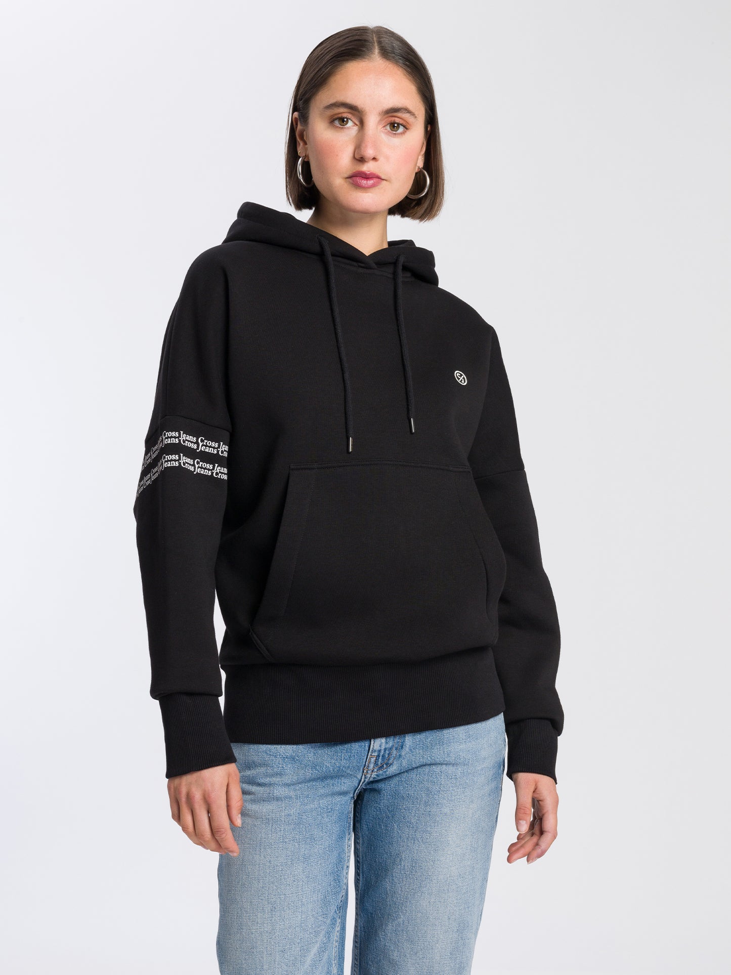 Damen Oversize Hoodie mit Logo Print am Ärmel schwarz