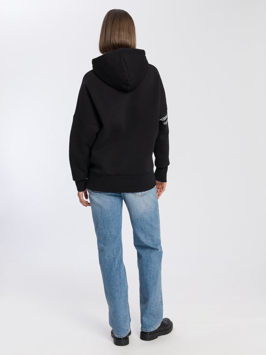 Damen Oversize Hoodie mit Logo Print am Ärmel schwarz