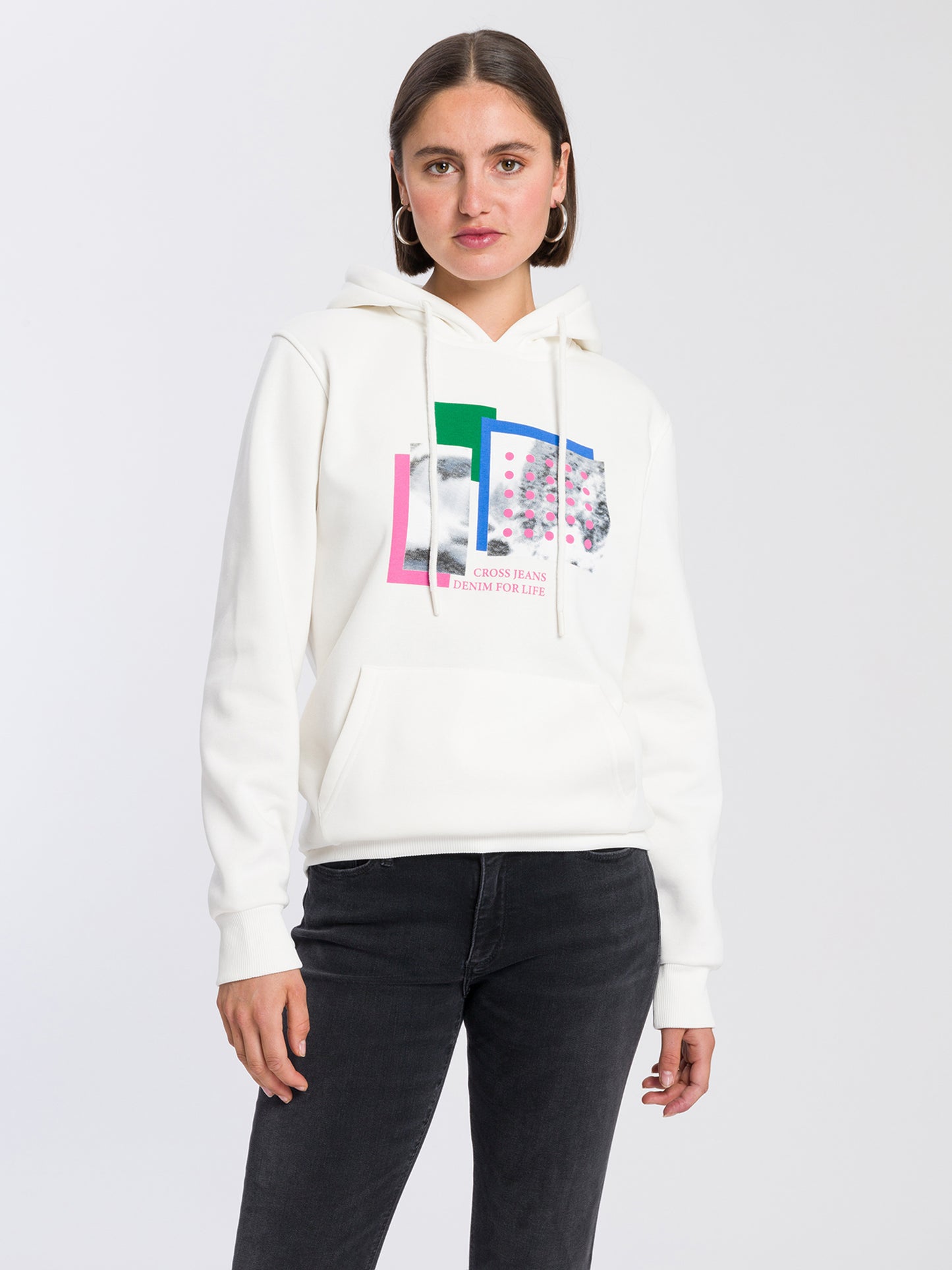 Women's regular hoodie with CROSS JEANS logo print white