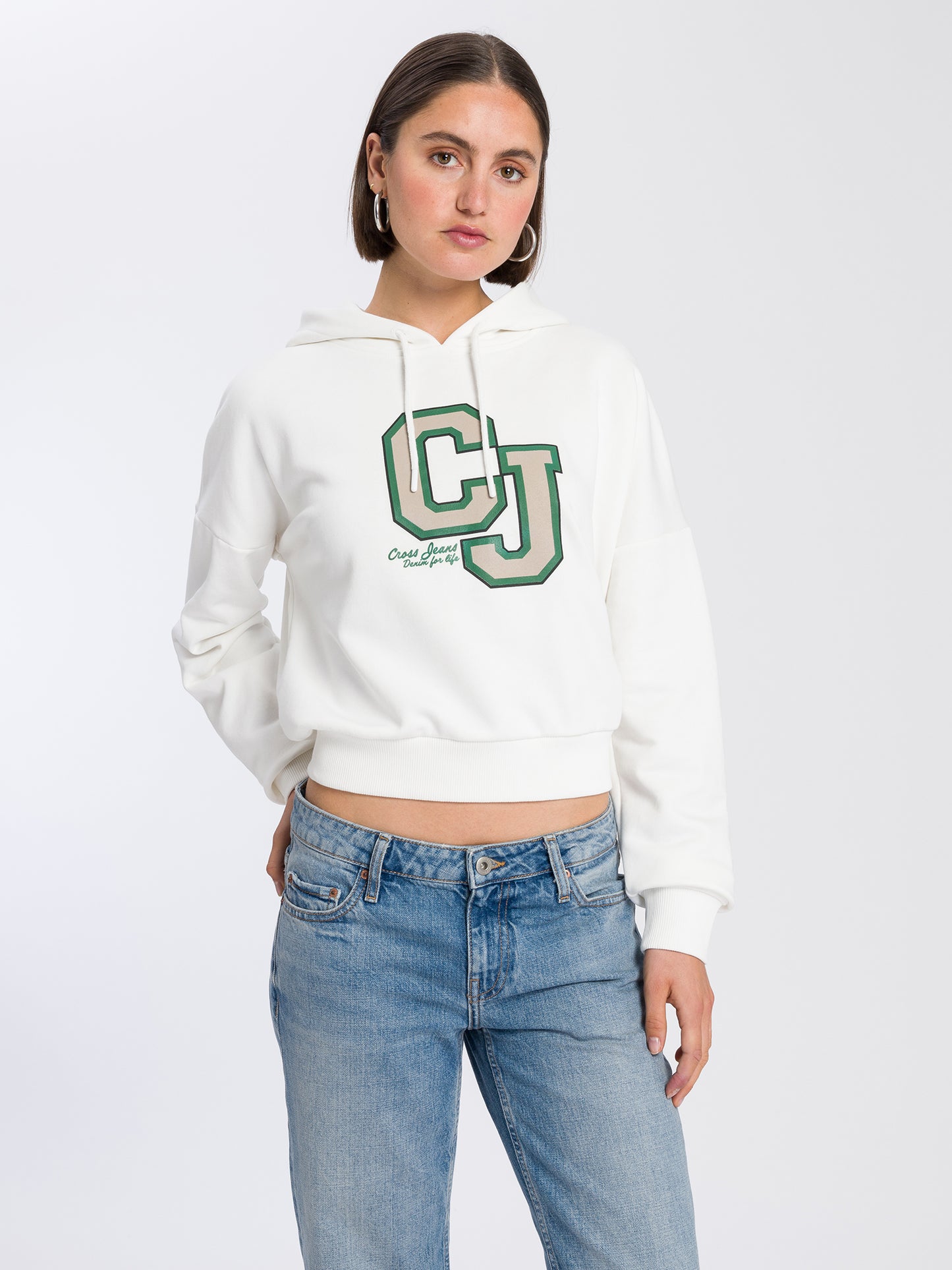 Women's regular hoodie with CROSS JEANS logo print white