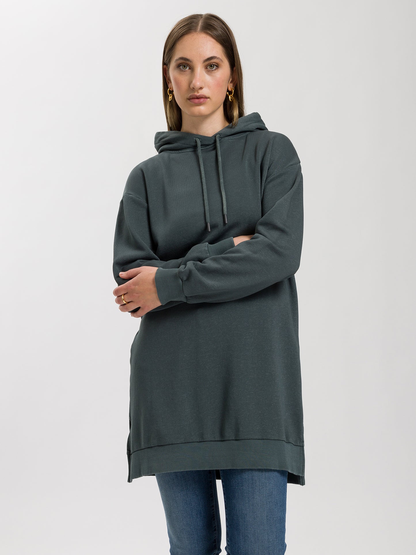 Damen Regular Sweat Kleid mit Kapuze in grau