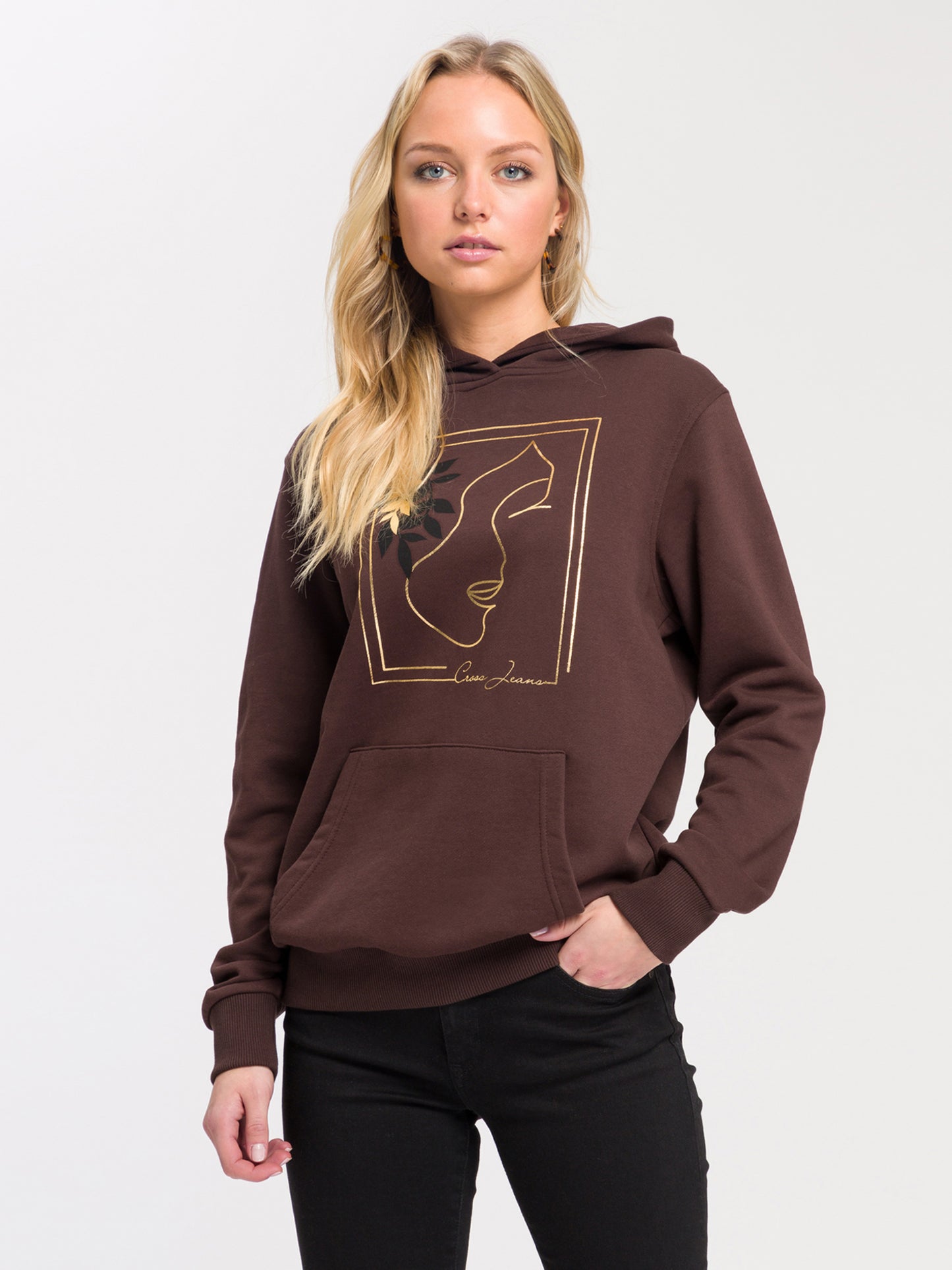 Women's regular hoodie with gold print, brown