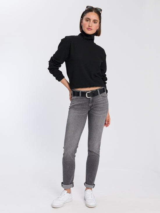 Women's regular sweater with stand-up collar and elastic band, black