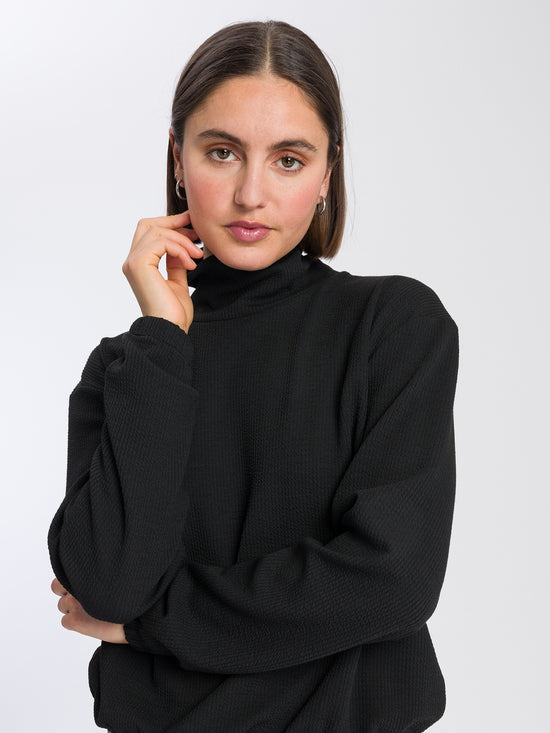 Women's regular sweater with stand-up collar and elastic band, black