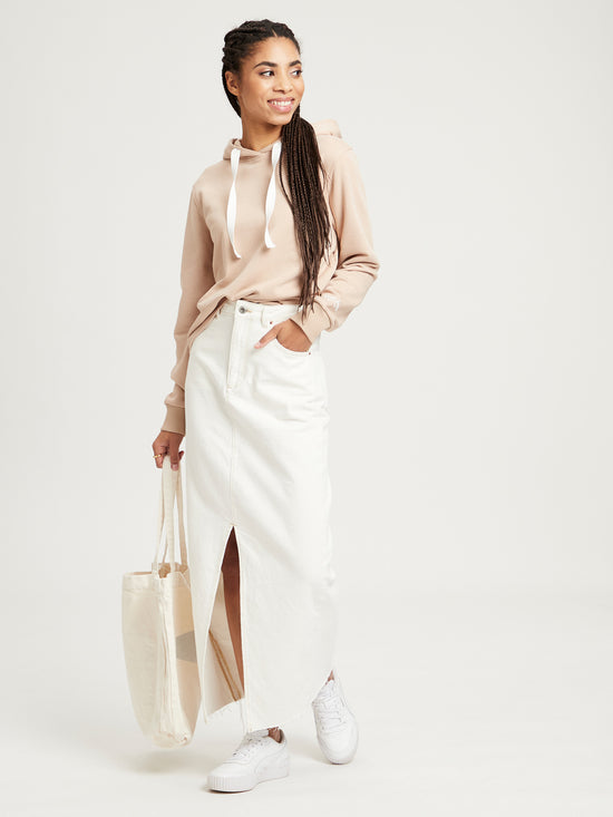 Women's regular hoodie with contrasting tie band in beige.
