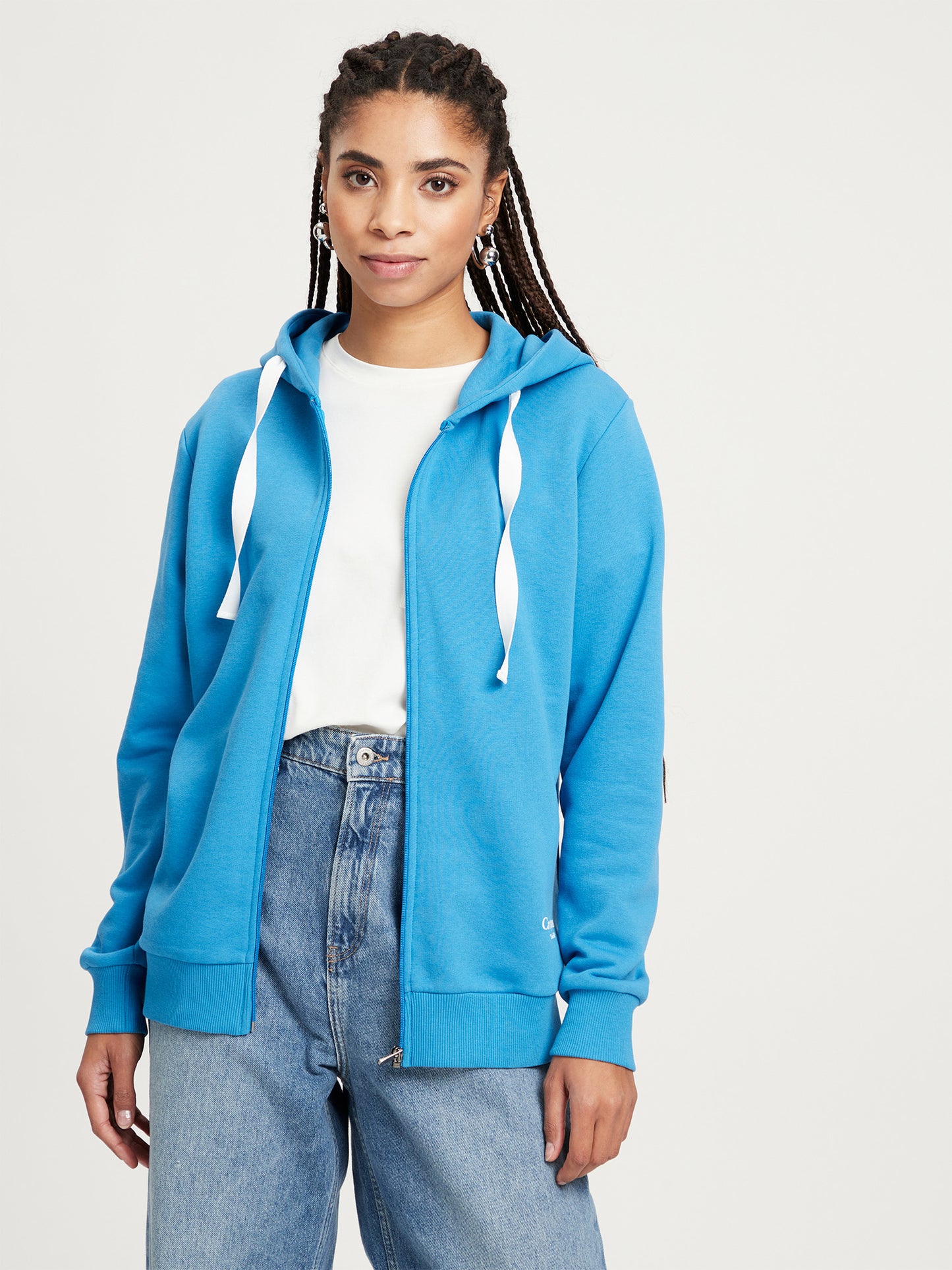Women's regular sweatshirt with hood and zip, blue.