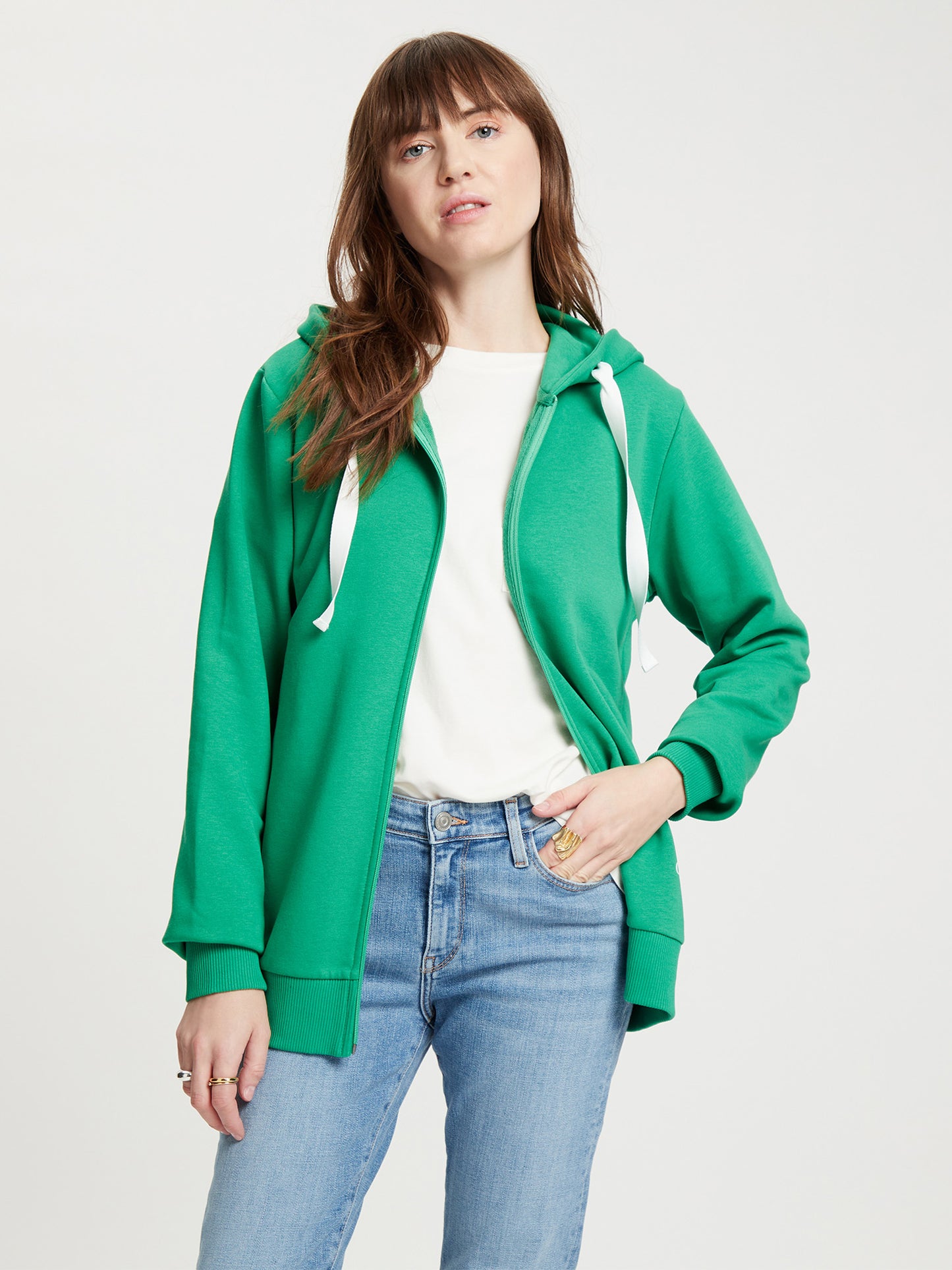Ladies regular sweat jacket with hood and zip green