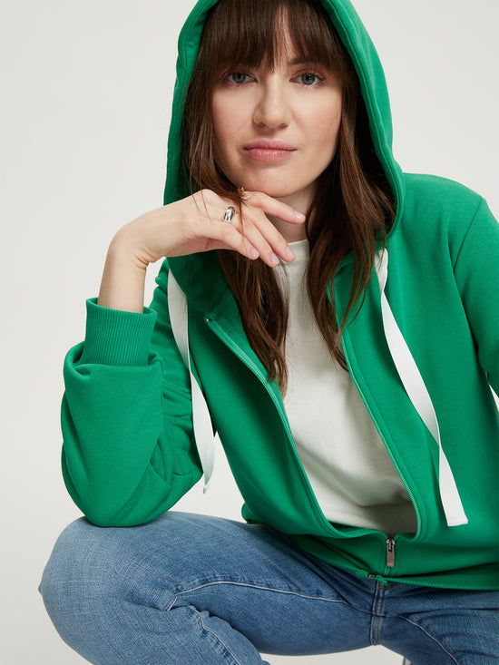 Ladies regular sweat jacket with hood and zip green