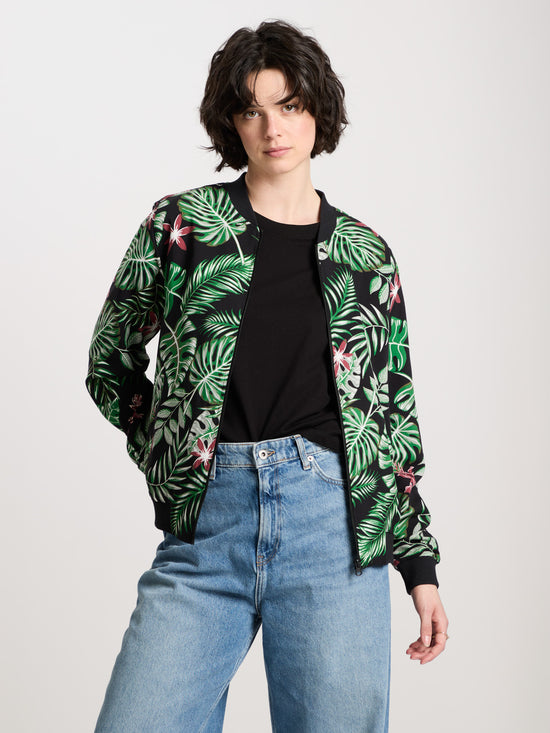 Women's regular bomber jacket with all-over print and zip in navy blue.