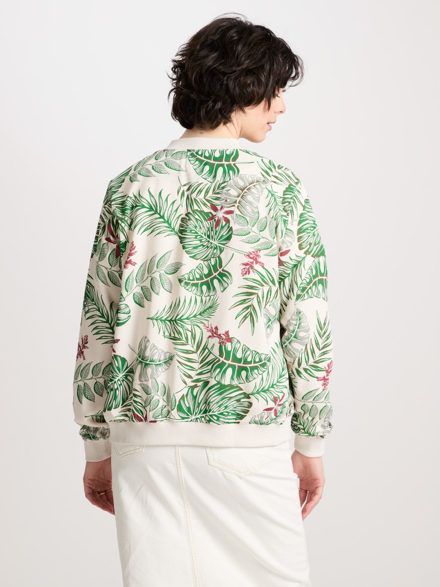 Women's regular bomber jacket with all-over print and zip, ecru.