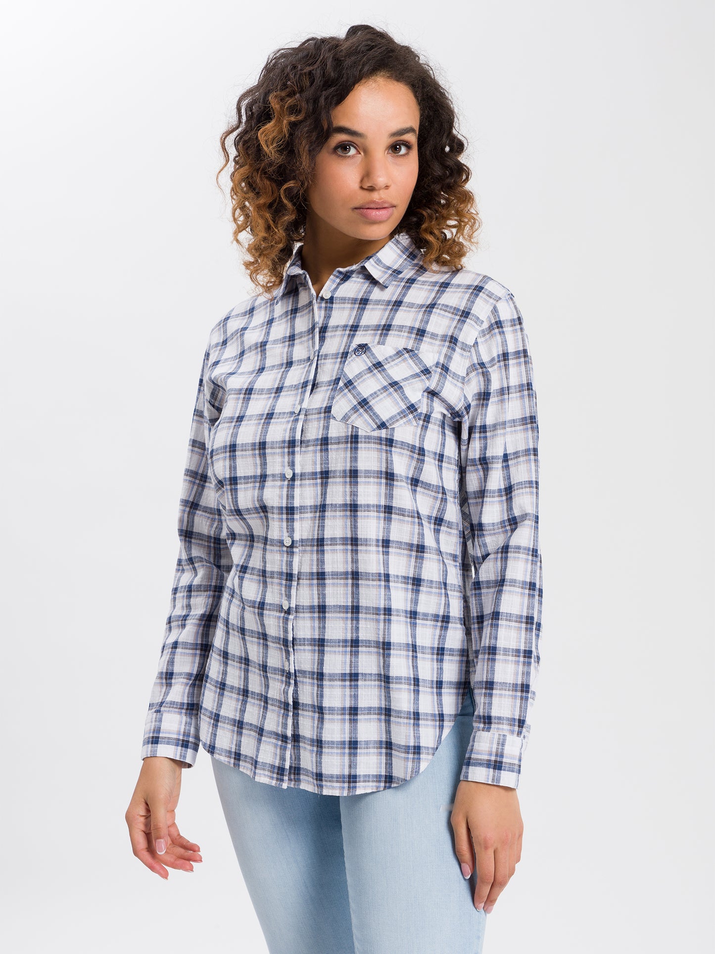 Women's regular long-sleeved blouse checked blue