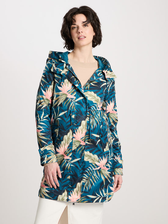 Women's regular long jacket with hood, zip and snap fastener, all-over print, green.