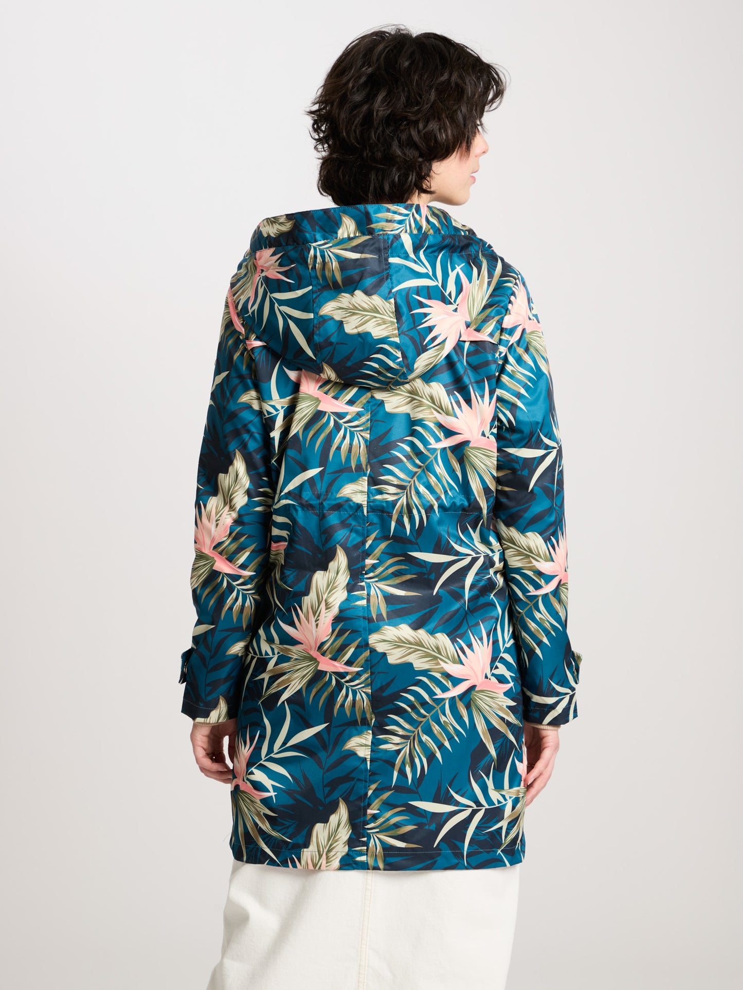 Women's regular long jacket with hood, zip and snap fastener, all-over print, green.